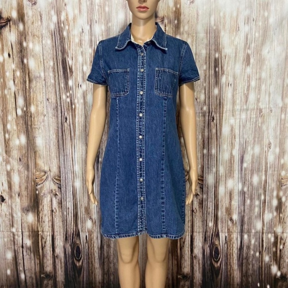 NWOT Gap Collared Short Sleeve Snap Button Blue Jean Mini Shirt Dress Sz 12